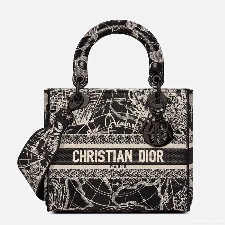 World Motif Around the Lady Black Canvas D-lite Bag Medium 0613 Luxury